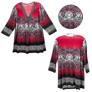 Essentials Pullover Top 3/4 Sleeve V Neck Embellished Tunic Red Black Women's 1X